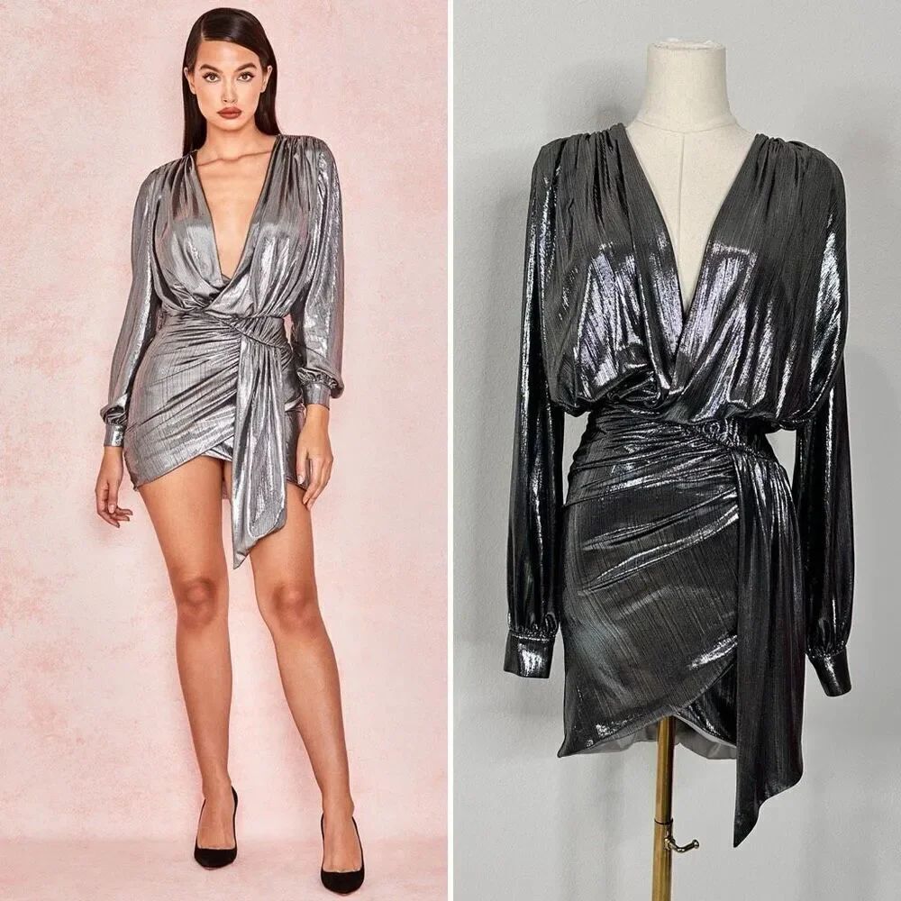 House of CB Alvona Metallic Silver Drape Mini Dress XS Clubwear Party Celebratio